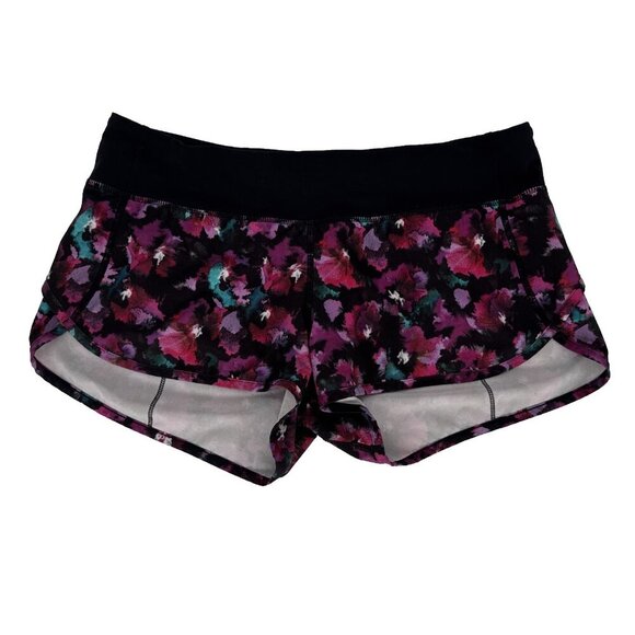 Lululemon Speed Short 8 Mini Midnight Bloom Black Deep Fuschia woman running - Picture 2 of 7